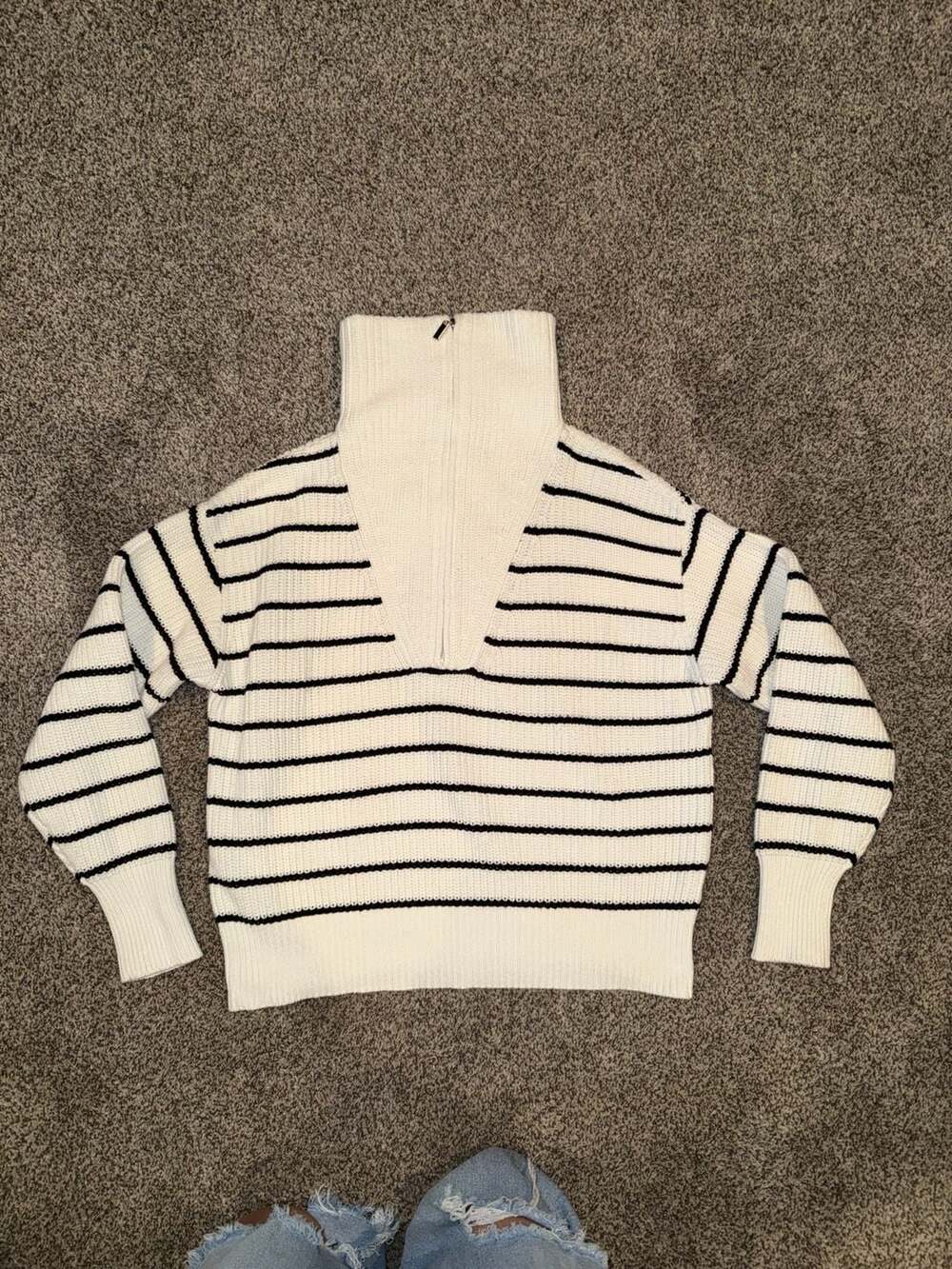 Z Supply Villa Half-Zip Sweater Size S Black White Striped Ribbed Knit